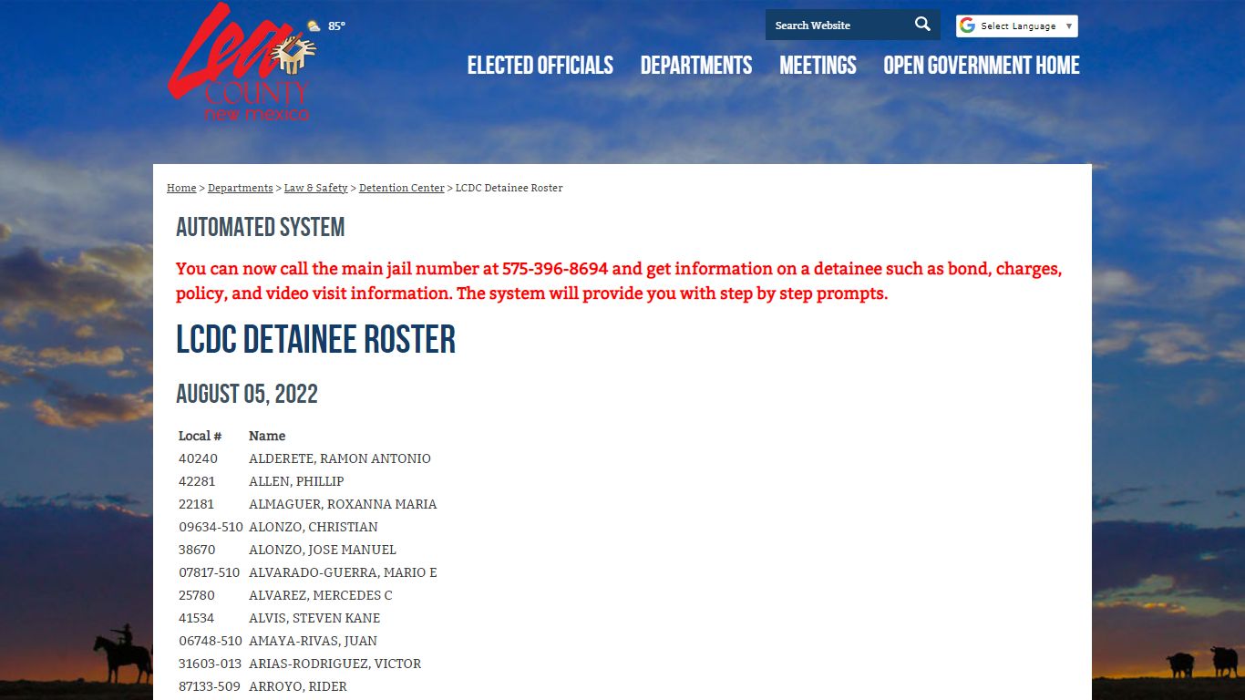 LCDC Detainee Roster - Lea County, New Mexico